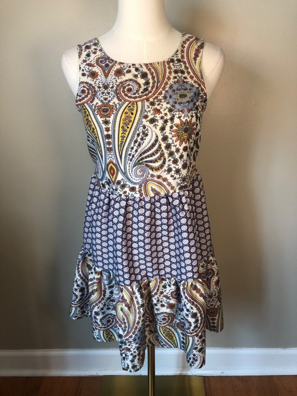 Band of Gypsies Mixed Paisley & Floral Tiered Mini Sundress w/ Tieback Waist XS
